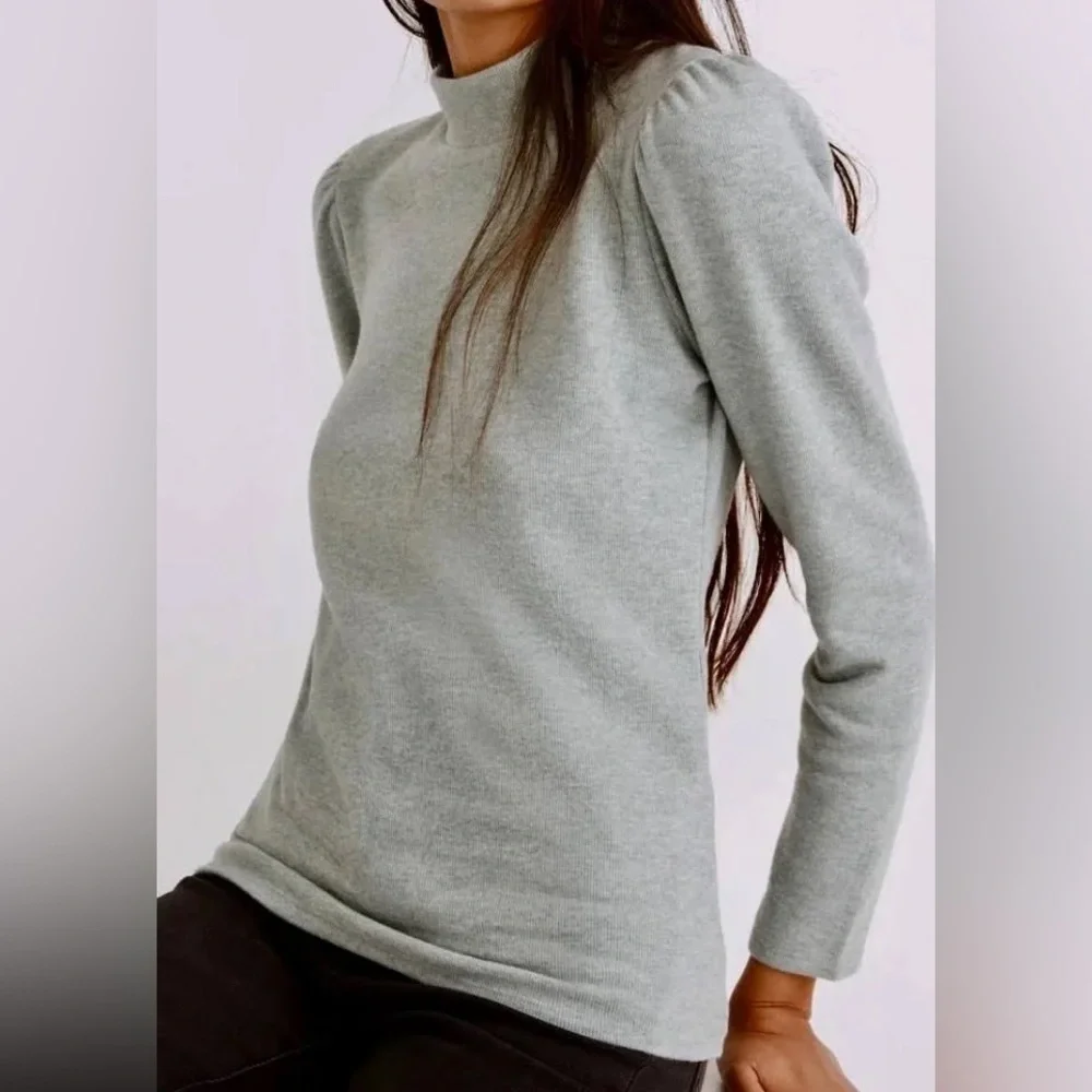 Madewell Women's Top Sage Green Plush Mock-neck Puff-Sleeve Top Large NB512